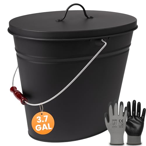BLACK OAK Ash Bucket Vesuvio 3.7 GAL –black oval with lid & gloves –large 15L –fireproof galvanized steel & powder-coated ash & coal bucket –accessory for fireplaces, tiled stoves, wood-burning stoves