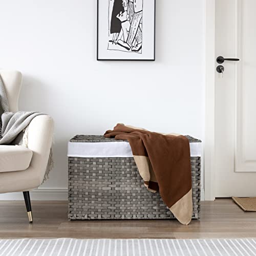 Js Hanger Laundry Hamper With Lid, 160L Clothes Hamper With Removable Liner Bags, Wicker Laundry Basket, Rattan-Style Storage Trunk For Bedroom Closet Laundry Room, 29.92 X 17.72 X 18.11 In, Grey #TOP7