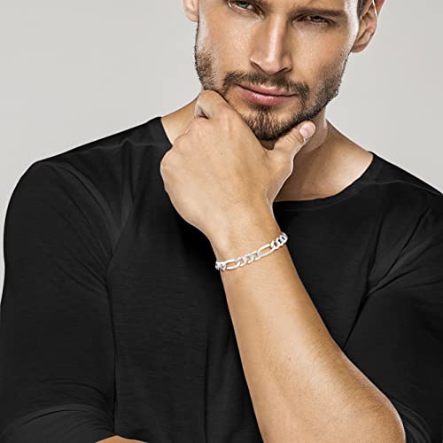 Miabella 925 Sterling Silver Italian Solid 9mm Diamond-Cut Figaro Link Chain Bracelet for Men, Made in Italy3