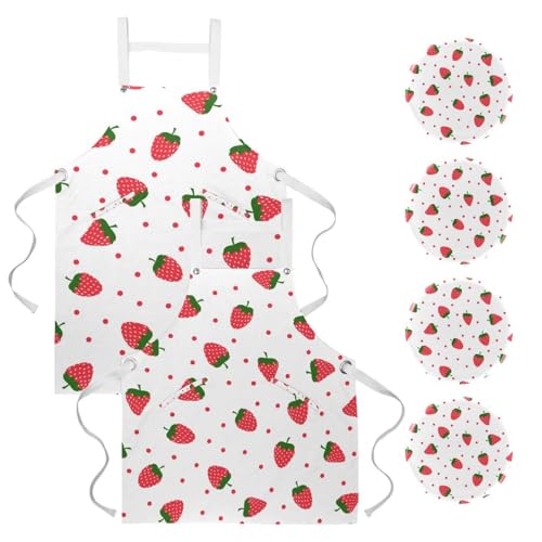 Tabliers de cuisine lot de 2 à motif fraise et pois avec 4 broches incluses