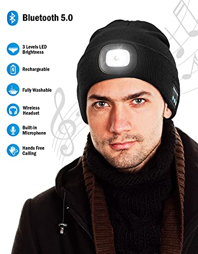 Image of Wmcaps Bluetooth Beanie with a Light, Unisex USB Rechargeable 4 LED Fashlight Hat with Cordless Headphones, Unique Christmas Birthday Gifts for Men Him Husband Teen