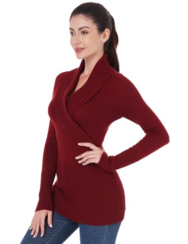 Image of AmelieBoutik Women Shawl Collar V Neck Faux Wrap Ribbed Knit Long Sleeve Tunic Sweater