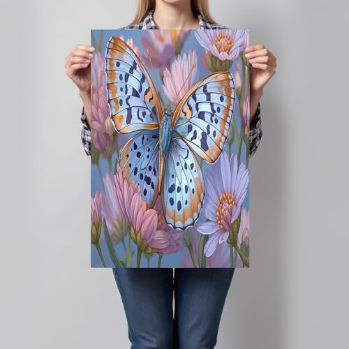 Lienzo de margaritas rústicas para salón, cuadro azul de mariposa ideal para decorar dormitorios
