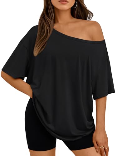 LILLUSORY Off The Shoulder Tops Oversized Tshirts Short Sleeve Basic Tee 2026 Casual Trendy Cute Asymmetrical Summer Fashion Clothes Black M