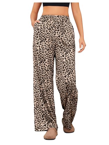 OYOANGLE Women's Leopard Print Elastic High Waist Long Pants Cheetah Printed Wide Leg Loose Trousers with Pockets