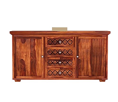 Image of Solid Sheesham Wood Wooden Sideboard Storage Cabinet & Chest of Drawer : Ideal for Living Room and Bedroom with 4 Drawers and 4-Shelf Storage (Cambrey, Honey Finish)