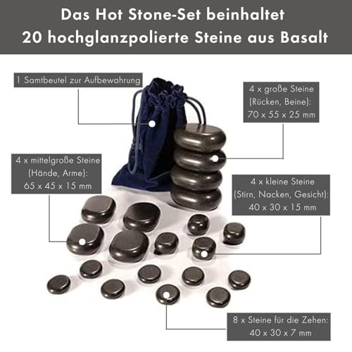 Massagesteine Welltouch Hot Stone Massage Set mit 20 Basaltsteinen