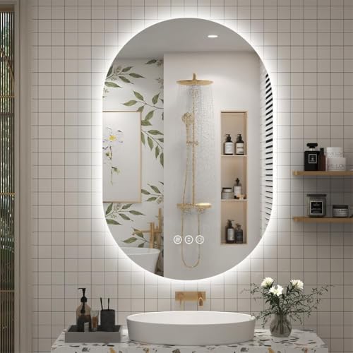 Image of ALFA Design Oval Backlit LED Bathroom Mirror, Pill-Shaped Lighted Vanity Mirror with Lights for Wall, Dimmable, 3 Colors Lighting, Memory Function (Horizontal /Vertical) Oval Backlite 24 x 18 inch