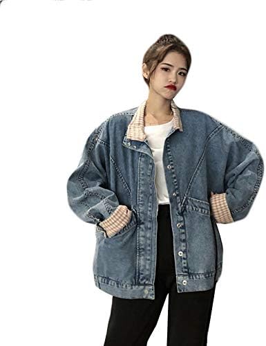 Amazon スーイ レディース デニム 長袖 Gジャン ジージャン 偽の二つ チェック柄 ジャケット デニムジャケット カジュアル ゆったり 着痩せ スリム 韓国風 ヴィンテージ ファッション デザイン オフィス 通学 ブルー ｍ コート ジャケット 通販