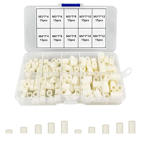 Kit d'assortiment de rondelles d'entretoise rondes ABS de 150 pièces Entretoise d'isolation blanche pour vis M3, M4 Entretoise de support de colonne en nylon avec boîte en plastique