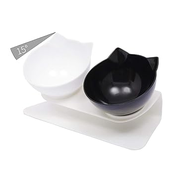 Luck Dawn Double Dog Cat Bowls with Raised Stand, 15 Degree Tilted Design Neck Guard Stand Raised Pet Food Water Feeder Bowl for Cats or Small Dogs