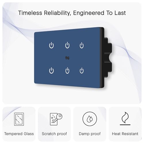 Image of IOTICS Smart Wifi Switch Board: 6 Switch with 2 x High Load (AC /Geyser) switch. Touch Control, Remote, App Control. Voice Control with Alexa & Assistant. Smart Touch Switch For Home Automation (Blue)
