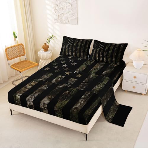 Erosebridal American Flag Camo Bed Sheets Full Rustic Branches Tree Camouflage Bedding Set for Boys Men Teens Military Hunting Sheets with Pocket Nature Conifer Oak Leaves Flat Fitted Sheet 4 Pcs