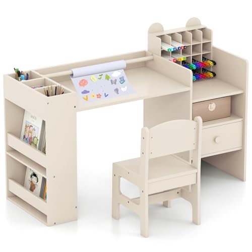 Image of Costzon Toddler Table and Chair Set, 2-in-1 Art Desk Set with Paper Roll | Drawing Table and Stool w / Cubby Cabinet, Storage Drawer and Side Book Rack for Drawing, Studying, Reading & Activity Play