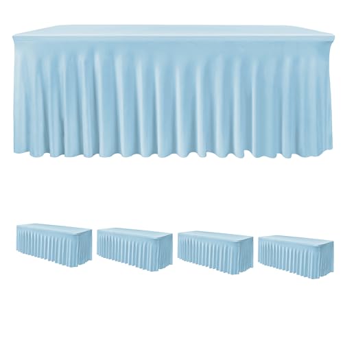 HolidayIdeas Spandex Table Skirts for Rectangle Tables 4 Ft, Fitted Stretch Table Cover 24x48 Inch, Wrinkle-Free Ruffle Design Tablecloths for Banquets,Trade Shows, Parties, Events, 4 Pack, Baby Blue