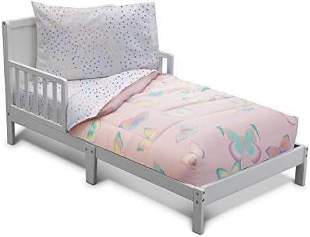 Delta Children 4 Piece Toddler Bedding Set for Girls - Reversible 2-in-1 Comforter - Includes Fitted Comforter to Keep Little Ones Snug, Bottom Sheet, Top Sheet, Pillow Case - Pink Butterfly Flutter