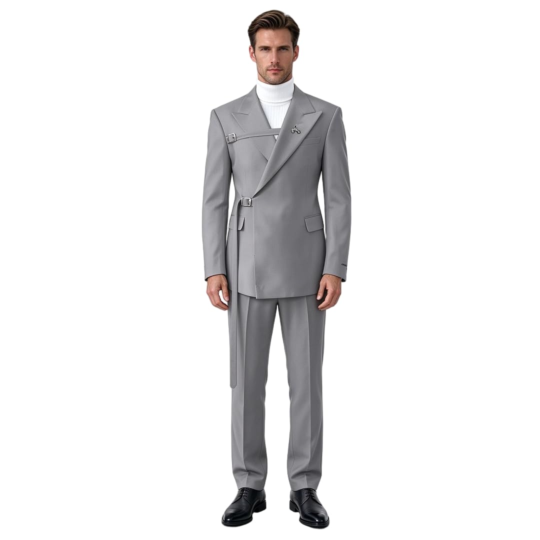 da Uomo Doppio Petto 2 Pezzi Collo Alto Coordinato Abito da Matrimonio Cinghia con Fibbia Blazer Sposo Smoking per Feste Prom