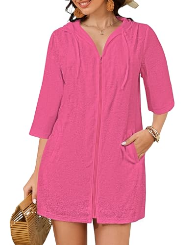 Bsubseach Terry Cloth Swim Coverup - Women Long Sleeve Hooded Swimsuit Coverup Zipper Beach Coverups Robes with Pockets