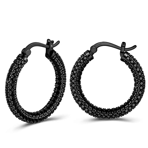 925 Sterling Silver Post Hoop Earrings For Women Gilrs Black Cubic Zirconia Chunky Black Hoop Earrings Weinuo Jewelry #TOP5