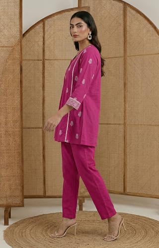 Image of Women's Pure Cotton Kurta Sets for Woman, Schiffli Embroidered Co ord Set for Women Stylish, Kurti Set for Woman, Ethnic Short Kurti and Pant Set