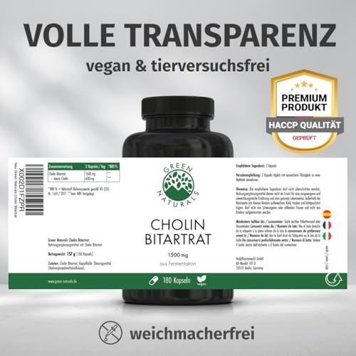 Cholin Bitartrat Kapseln – Hochdosiert: 1.500 mg Cholin aus natürlicher Fermentation – Für Leber & Fettstoffwechsel (EFSA)* – 180 Kapseln (3 Monate) – Premiumqualität aus Deutschland – Green Naturals®