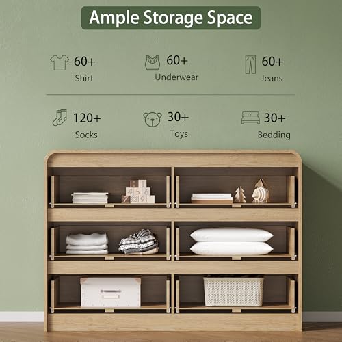 Image of 6 Drawer Dresser for Bedroom,47 inch Wide Fluted Dresser with Curved Edge and Ergonomic Handleless, Large Wooden Clothes Storage Organizer, Modern Chest of Drawers for Closet, Living Room, Natural Wood