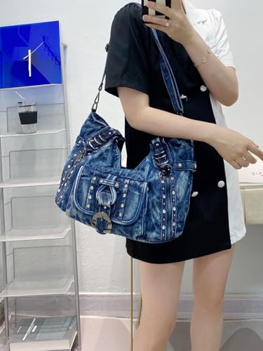 Image of Designer Denim Handbags for Women Hobo Tote Bag Crossbody Denim Purses Blue Jean Shoulder Bag