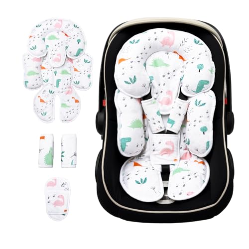 Image of Infant Car Seat Insert, Soft Baby Car Seat Head Neck Pillow, Reversible Newborn Carseat Insert with Strap Covers, Universal Seat Pad for Carseats, Stroller, Swings, Bouncer, Dinosaurs