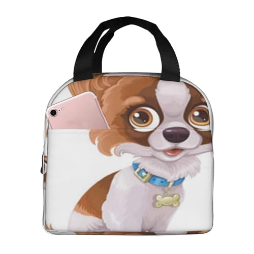 断熱ランチバッグ、大容量、防水、熱漏れ防止、スタイリッシュで丈夫、仕事、学校、アウトドア活動に便利、男女兼用 (かわいい漫画のパピヨン蝶の小さな子犬が白の上に座っています)