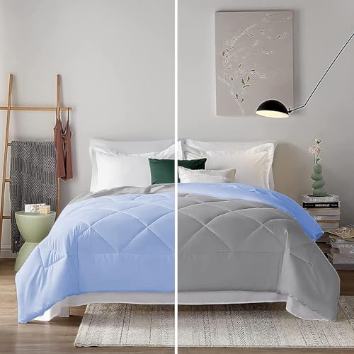Image of Filbert 600 GSM Comforter for Single Bed | Super Warm Winter Quilt /Rajai | Thick Microfiber Blanket with Cloud-Soft Fill | Luxury Bedding for Winters - 60x90 Inch | Silver /Sky Blue