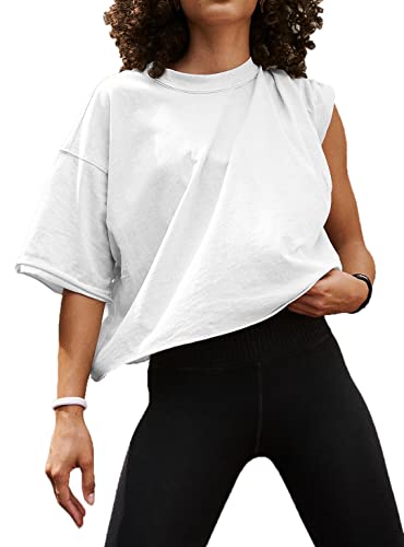 Womens Cropped Tops Short Sleeve Crew Neck Black Crop Top Boxy Drop Shoulder Basic Workout Loose Yoga Tee Shirts White M