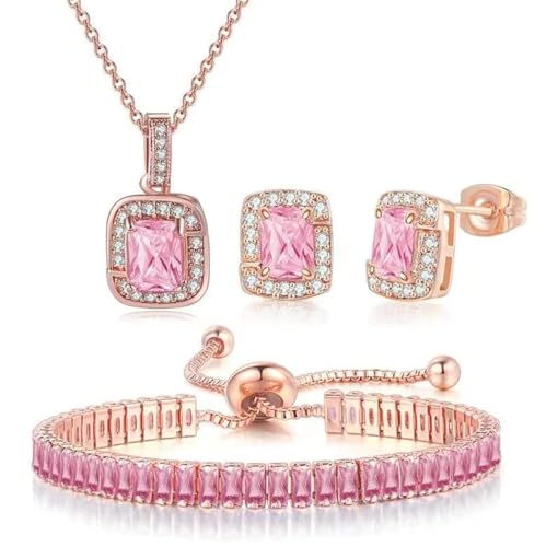 Paris Jewelry® 18K Rose Gold Princess Halo Pendant Necklace, Earrings And Tennis Bracelet Jewelry Set Plated (Created Pink Sapphire)