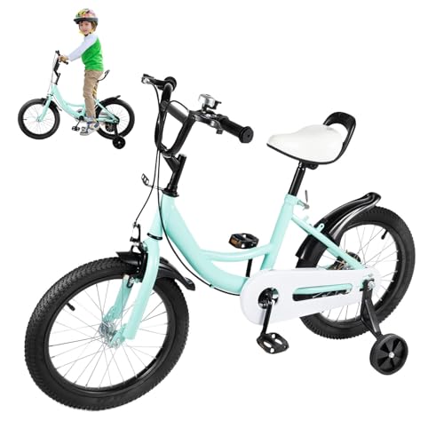 OUBUBY Bicicleta infantil de montaña de 16 pulgadas para niños y niñas a partir de 5-8 años, luz portaequipajes para niños, altura ajustable, con estabilizadores y frenos de mano, color verde