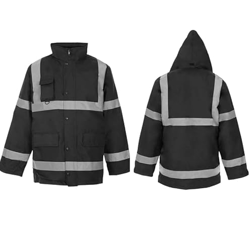 Hi Vis Traffic Jacket Waterproof High Visibility Padded Parka Coat Safety Security Workwear Winter Reflective Protective PPE Jacket Men Women Black 2XL