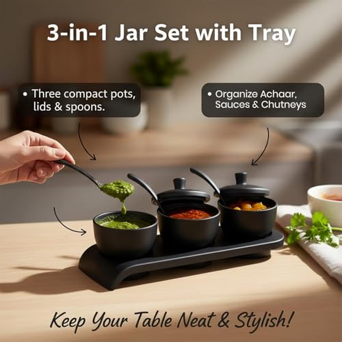 Image of Melamine Pickle Pot Set (3 Pots) with Lid, Spoon & Tray | Durable Achaar, Sauce & Chutney Storage Jar | Stylish Barni Pot for Kitchen, Dining & Table Use (Black)