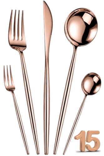 Image of Slim Handle Rose Gold 15 Pcs Stainless Steel Cutlery Set for Dining Table, Dishwasher Safe Glossy Flatware (3 Spoon Set+3 Forks Set+3 Butter Knife+3 Dessert Spoon+ 3 Fruit Fork)