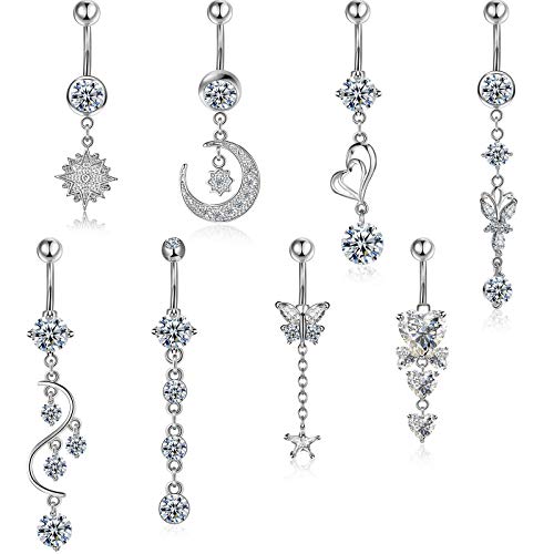 8 Pieces 14G Belly Button Rings Steel Long Dangle Navel Ring Cz Body Piercing Jewelry (Silver) #TOP1