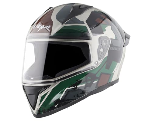 Image of Vega Bolt Army Full Face Riding Helmet with Lightweight Shell, Comfortable Liner, Shock Absorbing Interior, Ventilated Fit, Durable Build, and Modern Mud Battle Green Styling Mud Battle Green-M