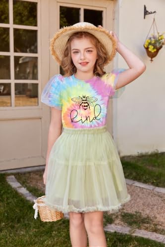 Image of Arshiner Girls Shirts Mesh Puff Short Sleeves Tops Cute Print Kids Tees