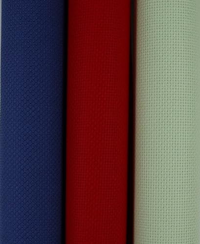 Image of KCS 3 pc of 15 inch x 18 inch(38cmx45cm) Counted Cross Stitch Cotton Aida Cloth Needlework Rolled Fabric Box,14CT,Red+Light Green+Jeans Blue