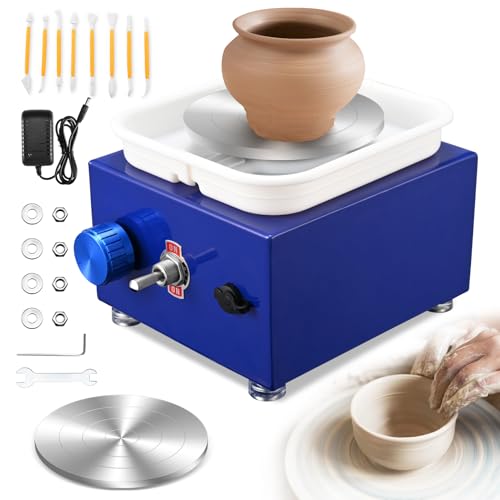 Tour de Potier, Kooeuru Tour Poterie 2000 tr/min Vitesse Réglable avec Plaques de 10/6,5 cm, Outils de Façonnage et Bassin Amovible, Tour Potier Poterie Enfant et Adultes (Bleu foncé)