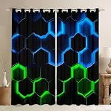 Honeycomb Window Curtain,Geometric Hexagon Theme Curtains,Green Blue Neon Lights Window Treatment Curtain,Boys Teen Man Chic Creative Home Window Drapes,Top 2 Panel,42Wx63L,Black