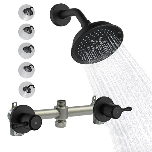 2 Handle Shower Faucet Set, Wall Mounted Two Knob Shower Faucet Set with 5 Mode Rainfall Shower Head Bathroom Shower Faucet Trim Kit, Matte Black