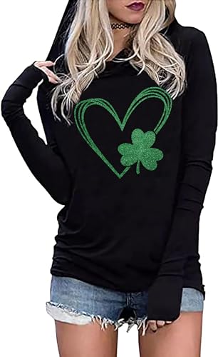 MEESHEEP St Patricks Day Hooide for Women Shamrock Graphic Shirts Green Clover Long Sleeve Irish Pullover Tops(Black,Large)