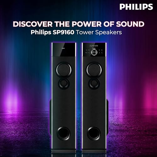 Image of Philips Audio SPA9160 2.0CH 160W Multimedia Tower Speakers with Wireless Microphone,Multi-Connectivity Option with Supporting USB, AUX, FM,Mic & Thumping Bass with Karaoke(Black)