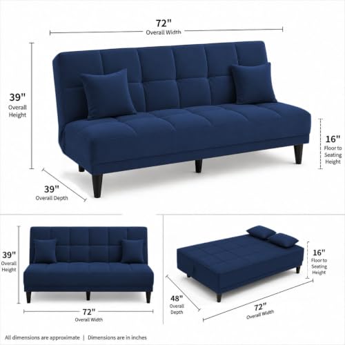 Image of Adorn India Alyssum 3 Seater Sofa Cum Bed 4X6 Velvet 2 Cushions (Color Blue) and Suitable for All Indoor, with 3 Years Warranty