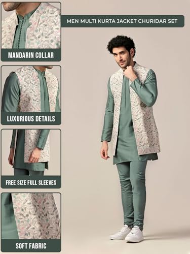 Image of KISAH Men's Kurta Jacket Churidar Set, Multi Cotton Blend, Printed Regular Fit Mandarin Collar Full Sleeves