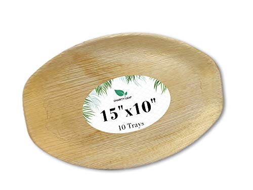 Charity Leaf Disposable Palm Leaf Bamboo Like Serving Tray and Platter  All Natural and Biodegradable  Weddings Charcuterie Boards BBQs and Parties 15 x 10 Oval 10 pc