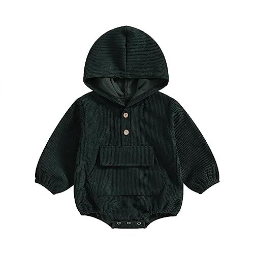 Image of Karuedoo Baby Boy Girl Hoodie Sweatshirt Romper Oversized Corduroy Long Sleeve Hooded Onesie Outfit Fall Winter Clothes (A-Green, 6-9 Months)