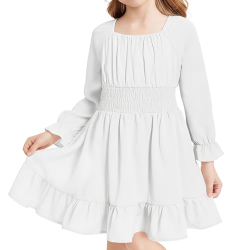 JiAmy Vestido para niñas, cuello cuadrado, manga larga, acampanado, para otoño, casual, elegante, fiesta de cumpleaños, ropa de princesa para niñas de 5 a 13 años, blanco, 5-6 años